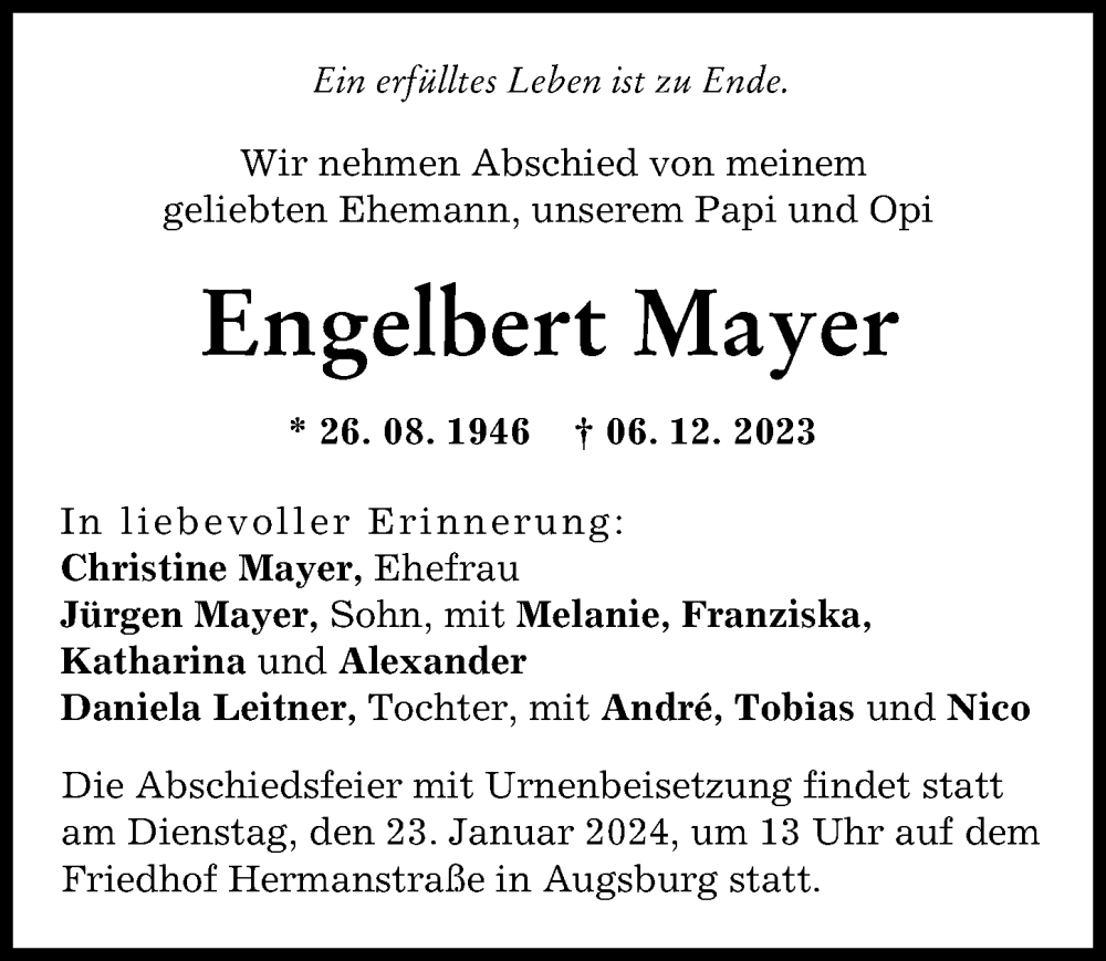 Traueranzeige von Engelbert Mayer von Augsburger Allgemeine