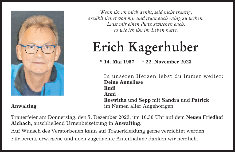  Traueranzeige für Erich Kagerhuber vom 02.12.2023 aus Aichacher Nachrichten