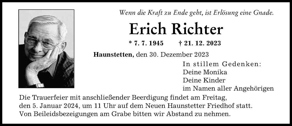 Traueranzeige von Erich Richter von Augsburger Allgemeine