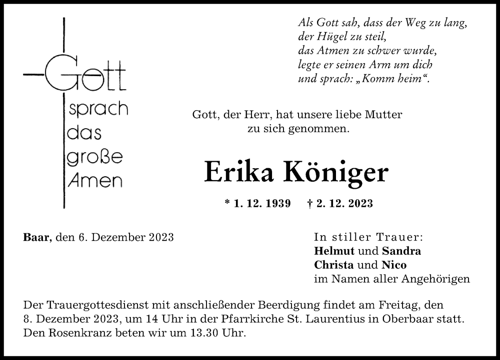  Traueranzeige für Erika Königer vom 06.12.2023 aus Augsburg-Land