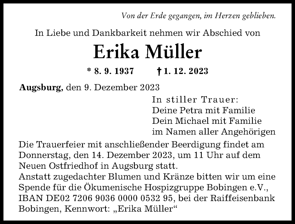  Traueranzeige für Erika Müller vom 09.12.2023 aus Augsburger Allgemeine