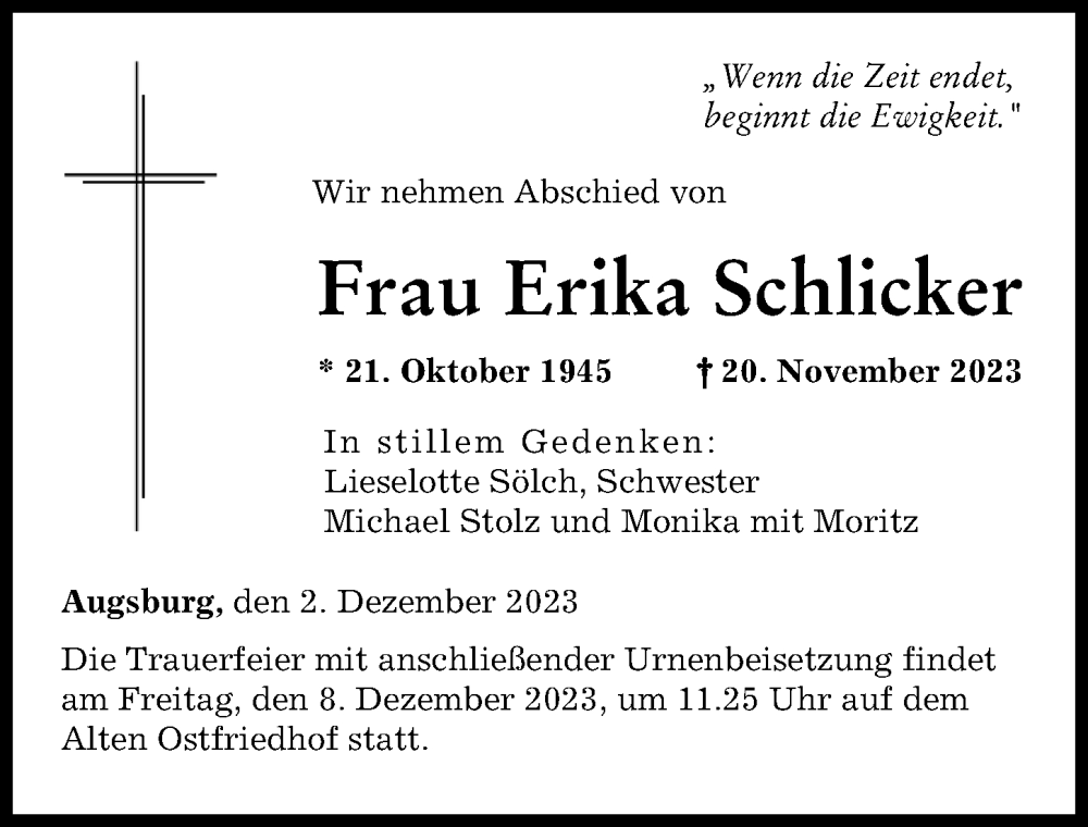  Traueranzeige für Erika Schlicker vom 02.12.2023 aus Augsburger Allgemeine