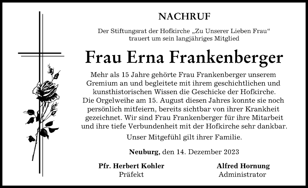  Traueranzeige für Erna Frankenberger vom 14.12.2023 aus Neuburger Rundschau