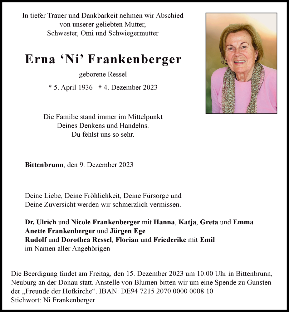  Traueranzeige für Erna Frankenberger vom 09.12.2023 aus Neuburger Rundschau