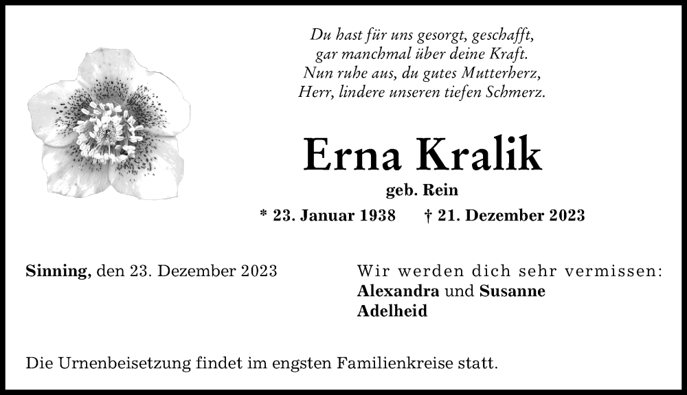 Traueranzeige von Erna Kralik von Neuburger Rundschau