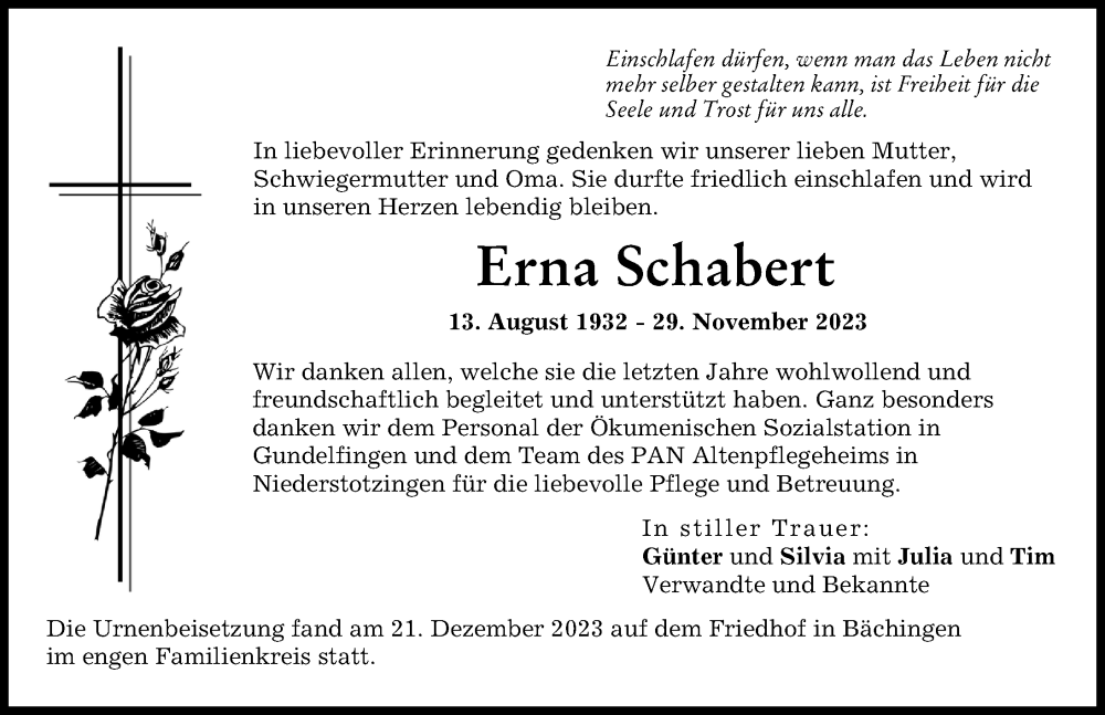 Traueranzeige von Erna Schabert von Donau Zeitung