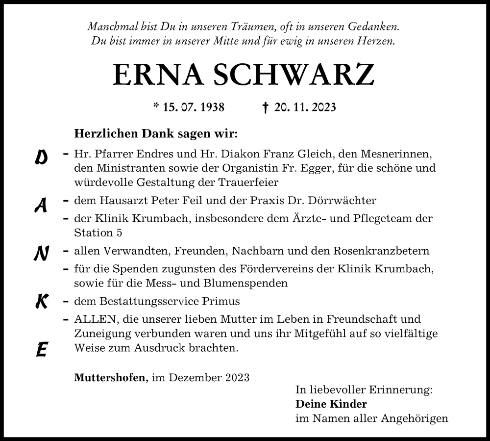  Traueranzeige für Erna Schwarz vom 09.12.2023 aus Mittelschwäbische Nachrichten