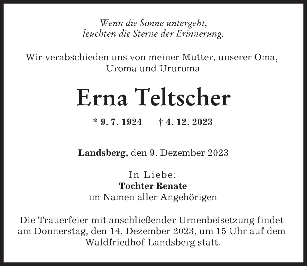  Traueranzeige für Erna Teltscher vom 09.12.2023 aus Landsberger Tagblatt