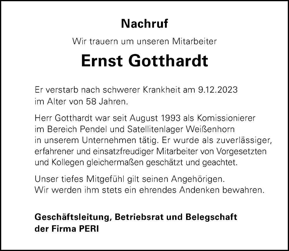 Traueranzeige von Ernst Gotthardt von Neu-Ulmer Zeitung