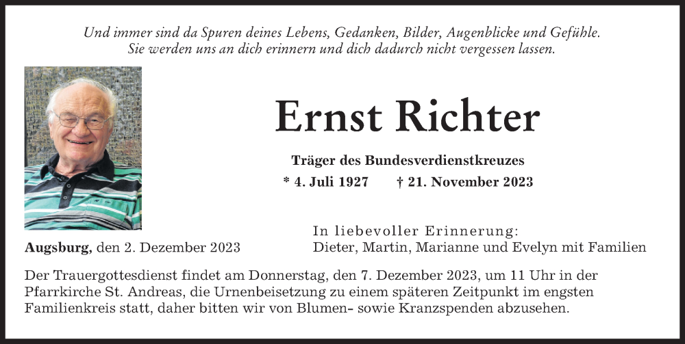  Traueranzeige für Ernst Richter vom 02.12.2023 aus Augsburger Allgemeine
