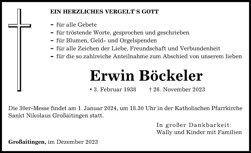  Traueranzeige für Erwin Böckeler vom 23.12.2023 aus Schwabmünchner Allgemeine
