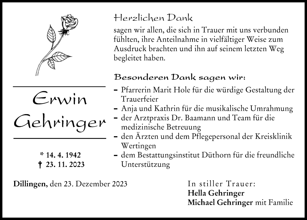 Traueranzeige von Erwin Gehringer von Donau Zeitung