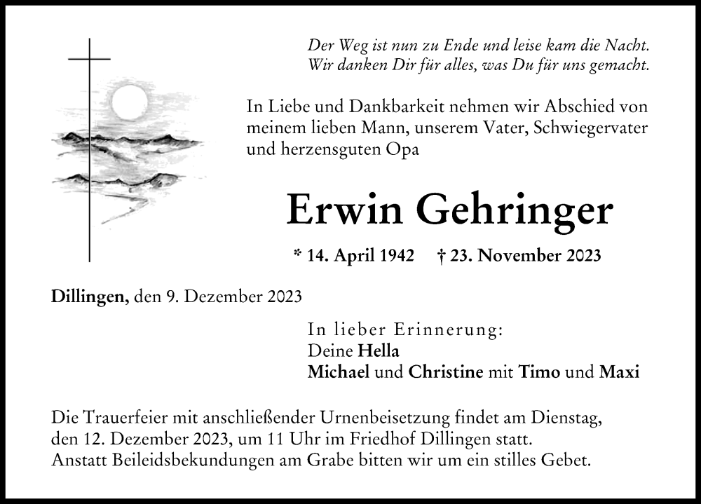 Traueranzeige von Erwin Gehringer von Donau Zeitung