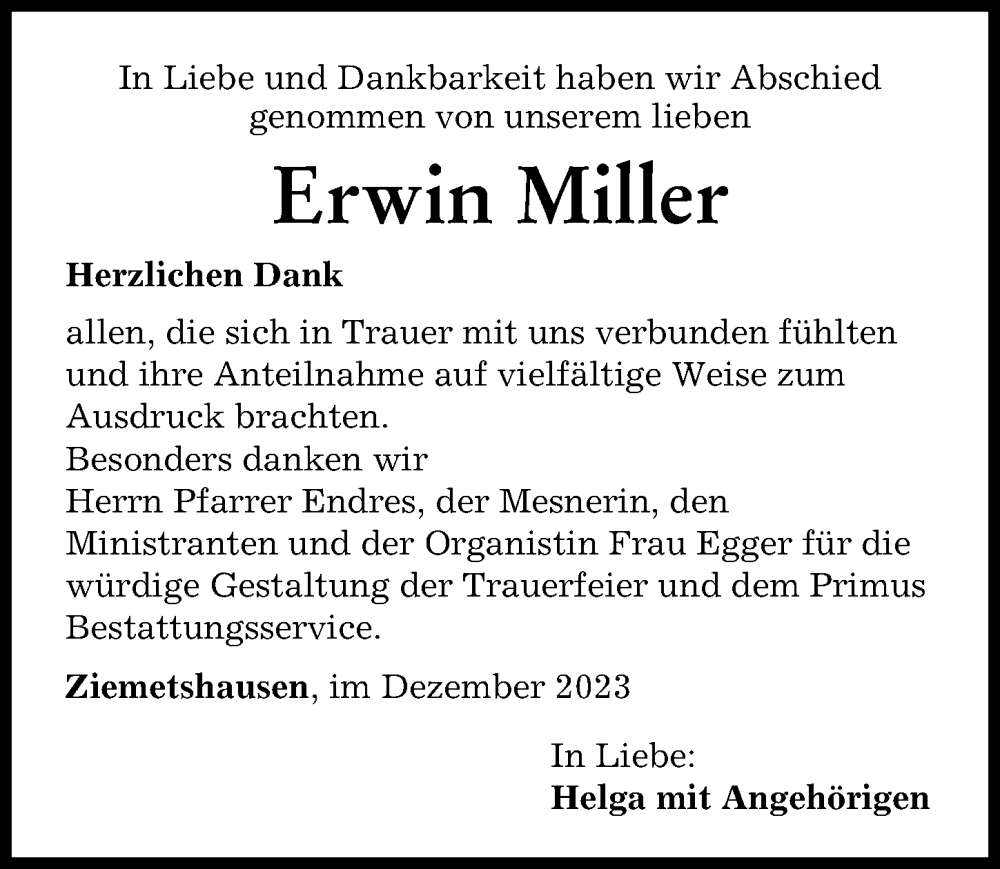  Traueranzeige für Erwin Miller vom 21.12.2023 aus Mittelschwäbische Nachrichten
