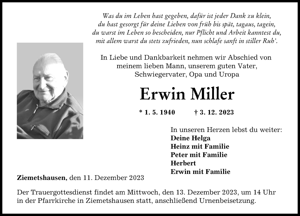  Traueranzeige für Erwin Miller vom 11.12.2023 aus Mittelschwäbische Nachrichten