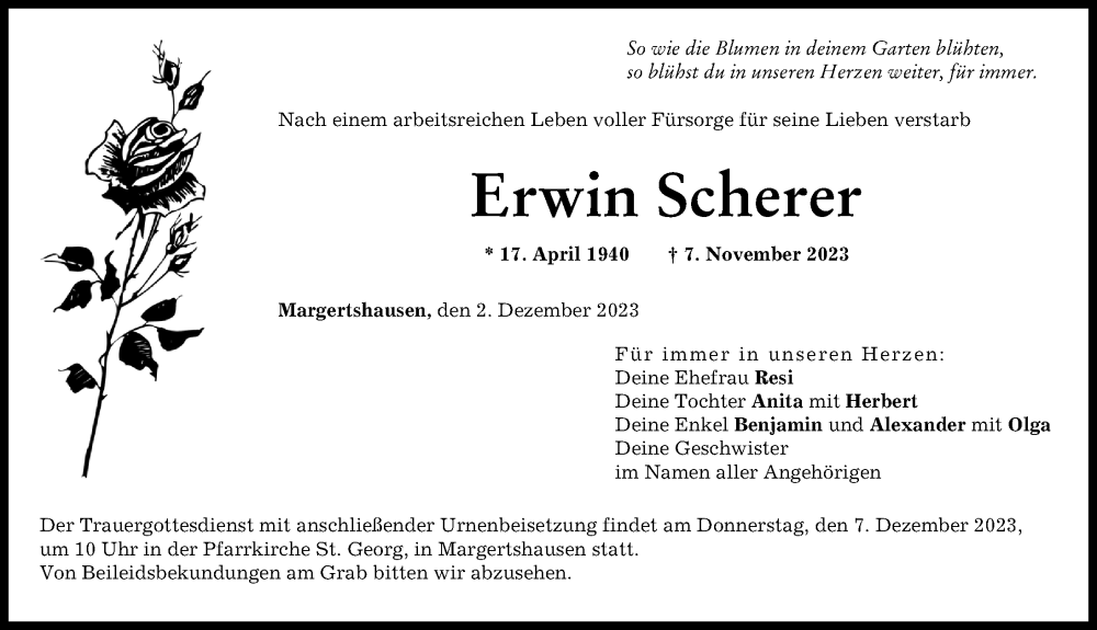  Traueranzeige für Erwin Scherer vom 02.12.2023 aus Augsburger Allgemeine