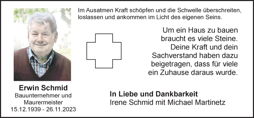  Traueranzeige für Erwin Schmid vom 13.12.2023 aus Landsberger Tagblatt