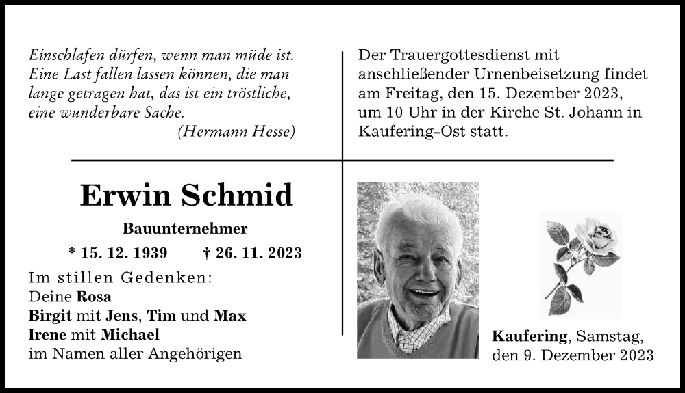  Traueranzeige für Erwin Schmid vom 09.12.2023 aus Landsberger Tagblatt