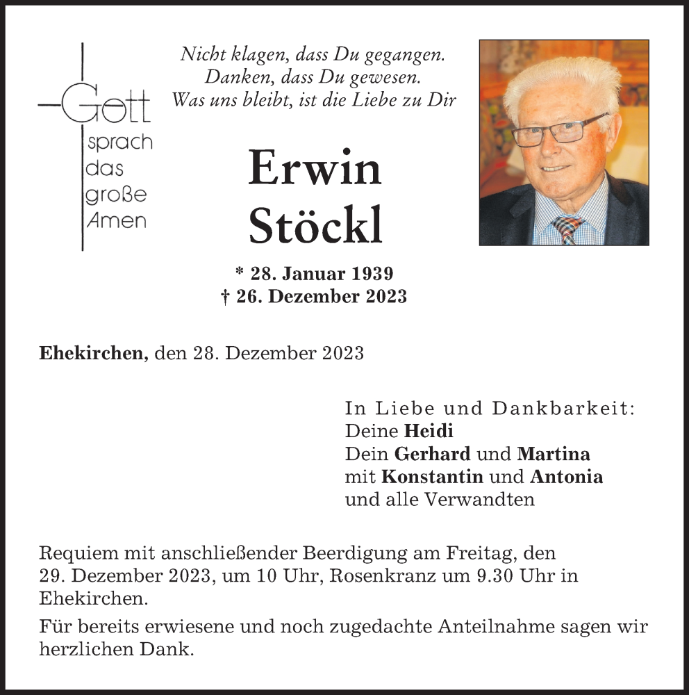 Traueranzeige von Erwin Stöckl von Neuburger Rundschau