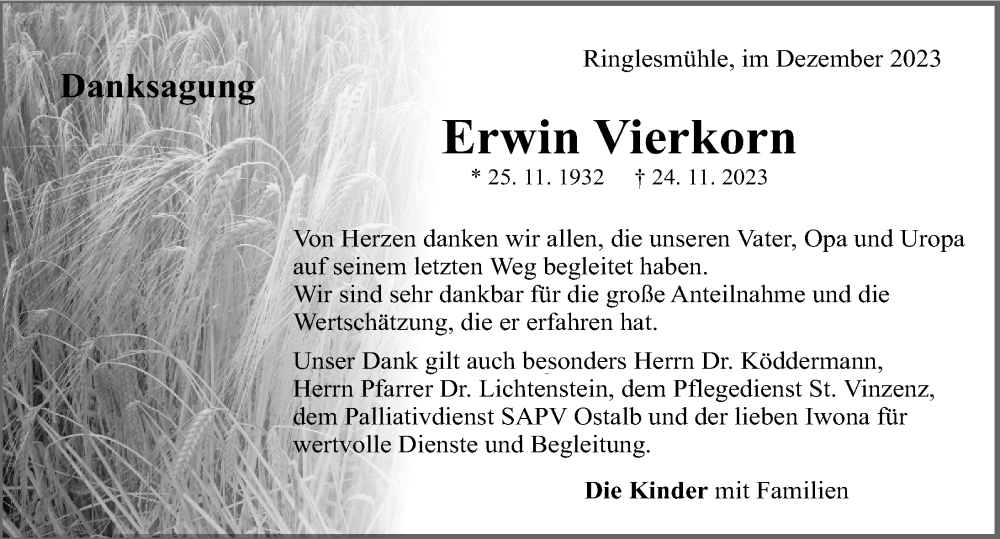  Traueranzeige für Erwin Vierkorn vom 16.12.2023 aus Rieser Nachrichten