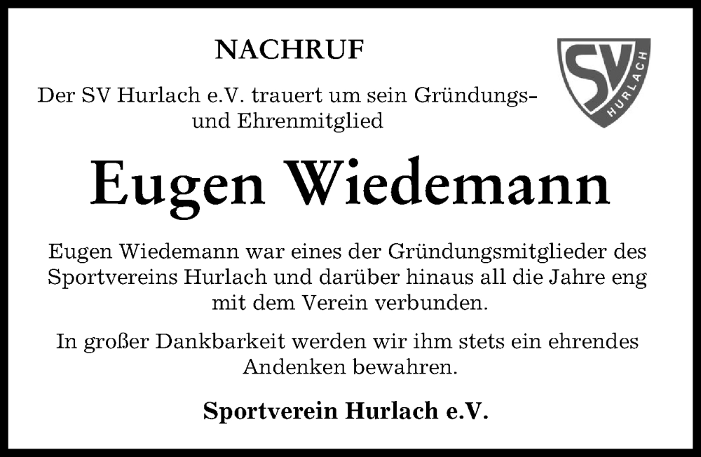 Traueranzeige von Eugen Wiedemann von Landsberger Tagblatt