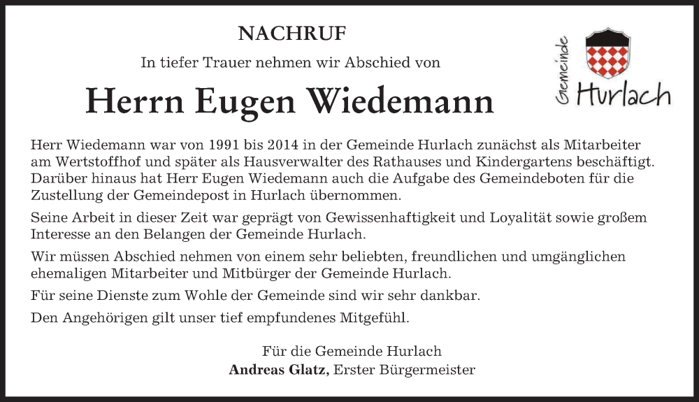 Traueranzeige von Eugen Wiedemann von Landsberger Tagblatt