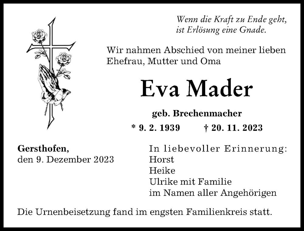  Traueranzeige für Eva Mader vom 09.12.2023 aus Augsburger Allgemeine