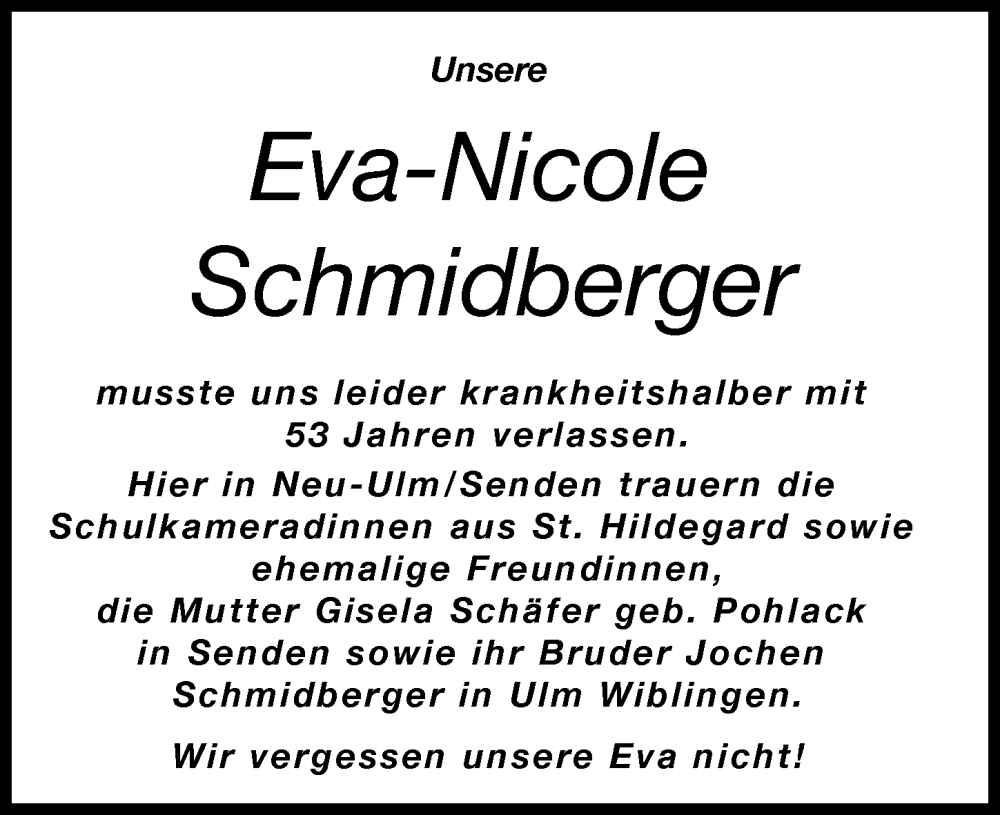  Traueranzeige für Eva-Nicole Schmidberger vom 06.12.2023 aus Neu-Ulmer Zeitung