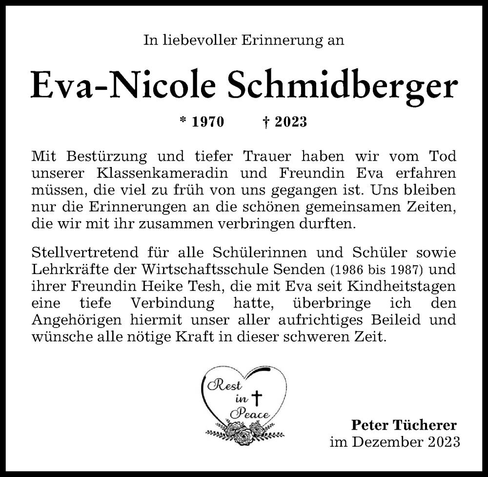  Traueranzeige für Eva-Nicole Schmidberger vom 09.12.2023 aus Neu-Ulmer Zeitung