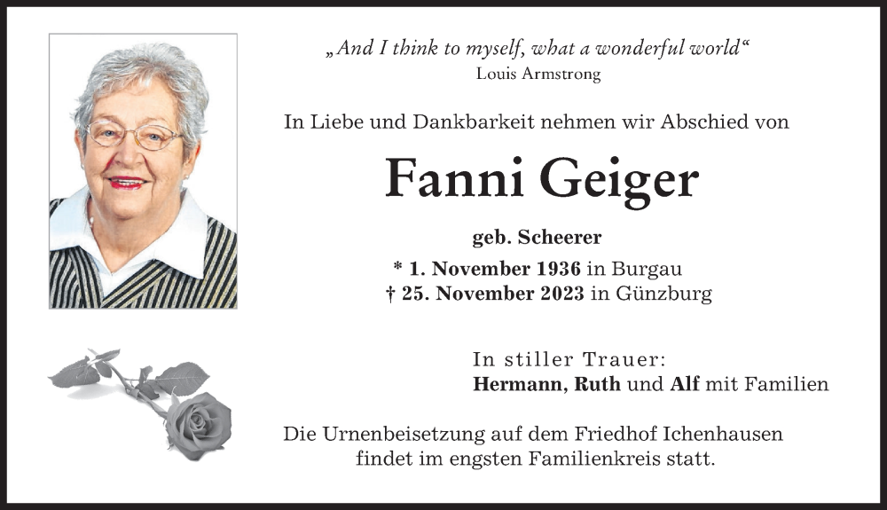  Traueranzeige für Fanni Geiger vom 06.12.2023 aus Günzburger Zeitung
