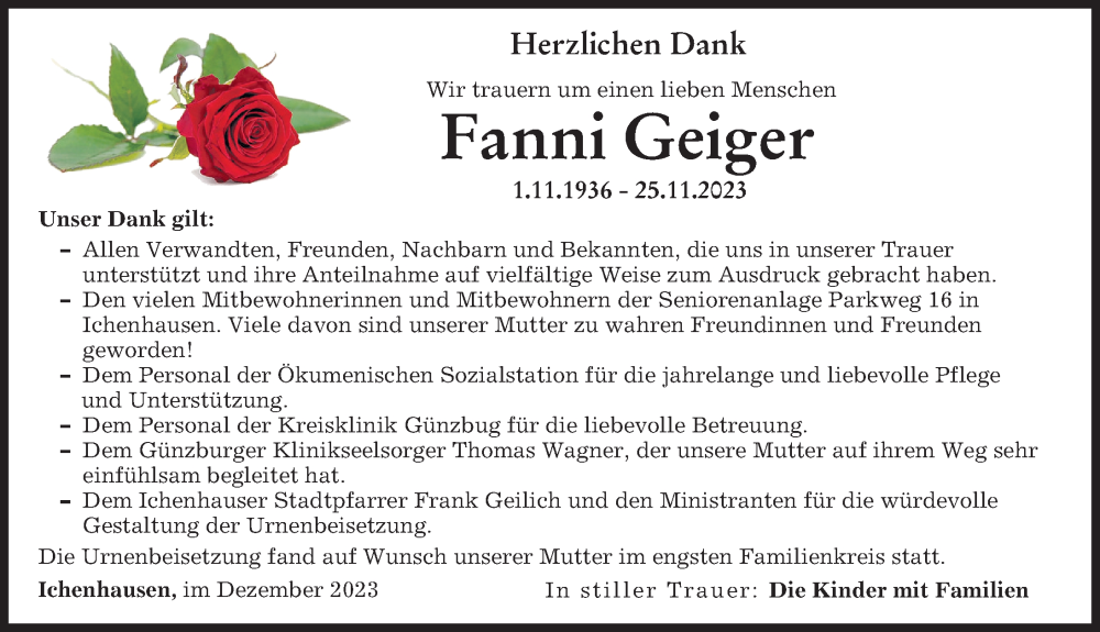  Traueranzeige für Fanni Geiger vom 23.12.2023 aus Günzburger Zeitung