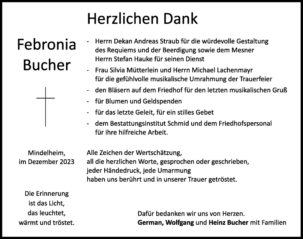  Traueranzeige für Febronia Bucher vom 06.12.2023 aus Mindelheimer Zeitung