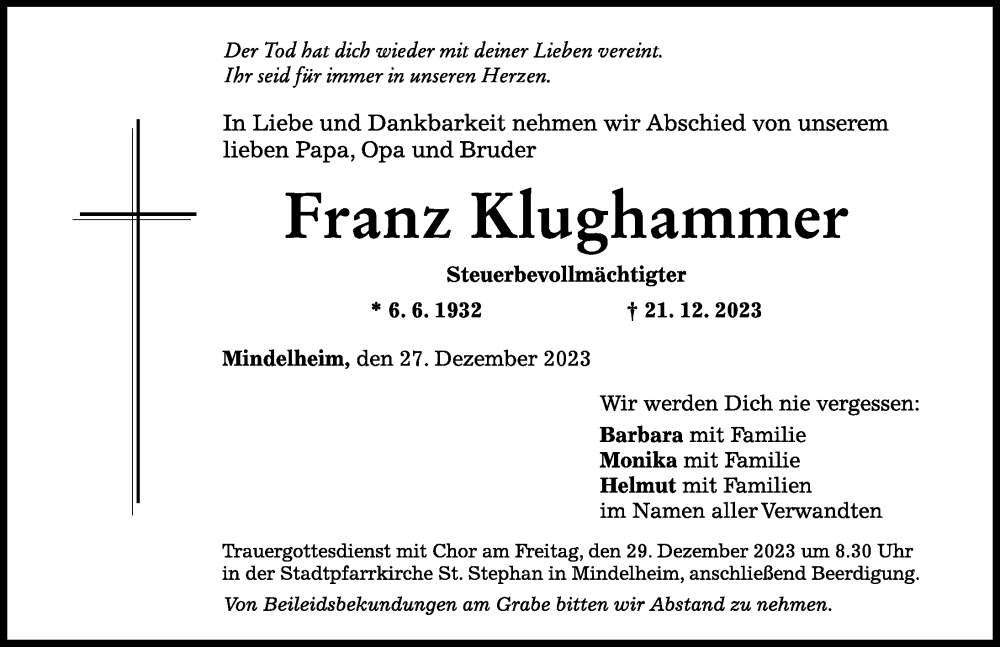 Traueranzeige von Franz Klughammer von Mindelheimer Zeitung