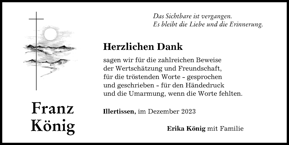  Traueranzeige für Franz König vom 22.12.2023 aus Illertisser Zeitung