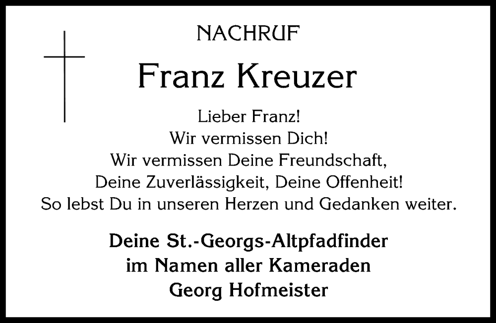 Traueranzeige von Franz Kreuzer von Mittelschwäbische Nachrichten