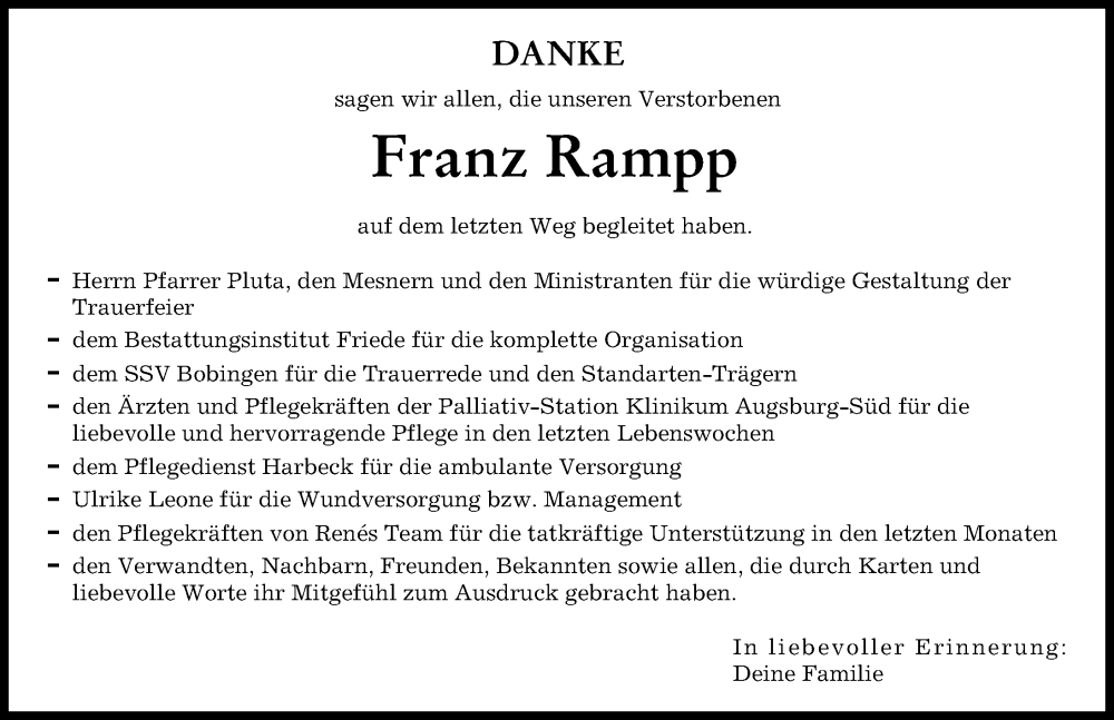  Traueranzeige für Franz Rampp vom 02.12.2023 aus Augsburger Allgemeine