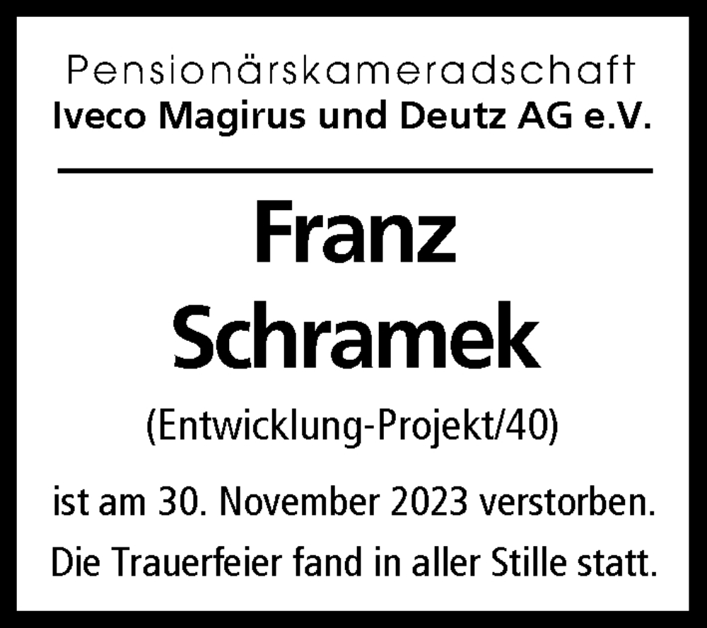 Traueranzeige von Franz Schramek von Illertisser Zeitung, Günzburger Zeitung, Neu-Ulmer Zeitung