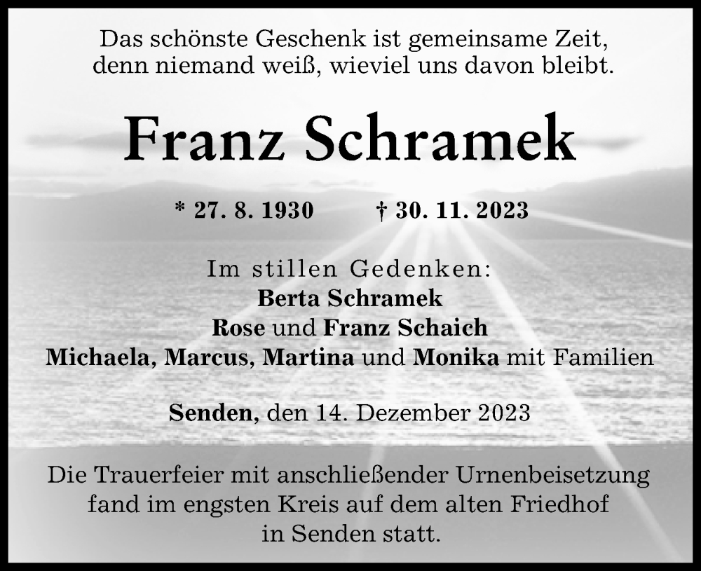 Traueranzeige von Franz Schramek von Neu-Ulmer Zeitung