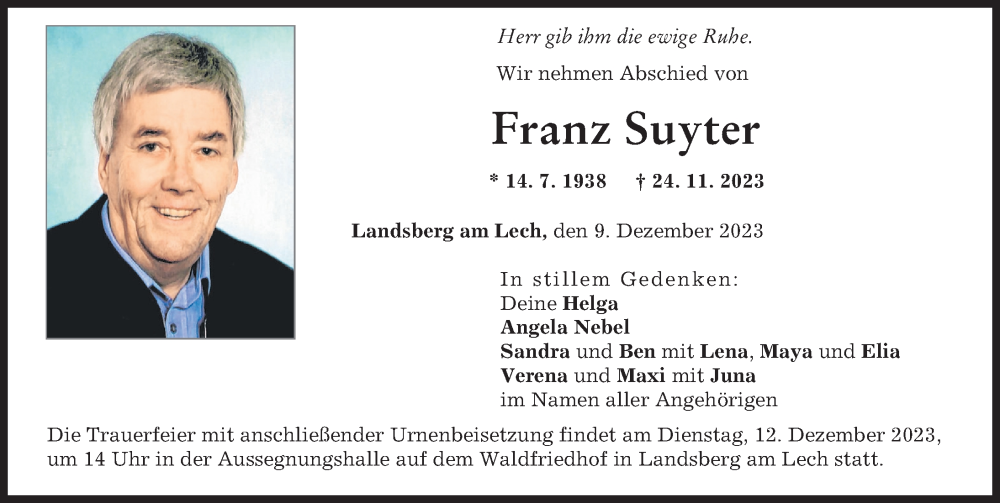  Traueranzeige für Franz Suyter vom 09.12.2023 aus Landsberger Tagblatt