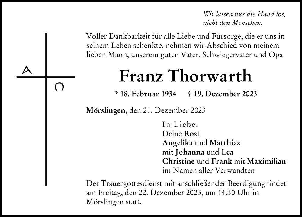 Traueranzeige von Franz Thorwarth von Donau Zeitung