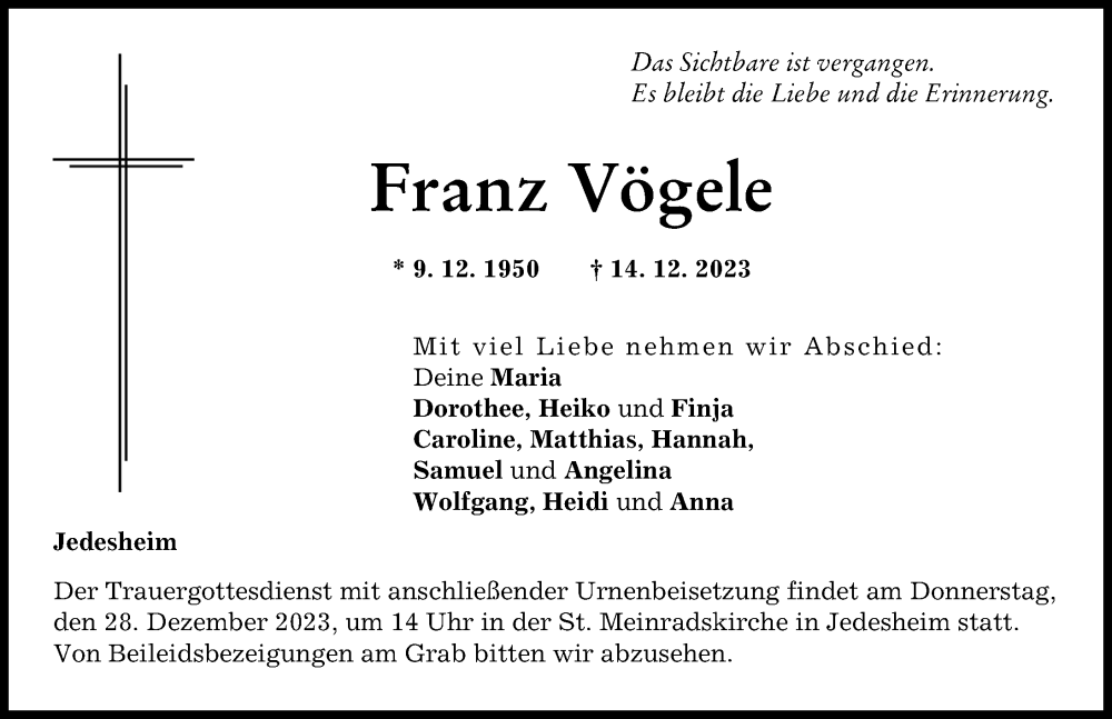 Traueranzeige von Franz Vögele von Illertisser Zeitung