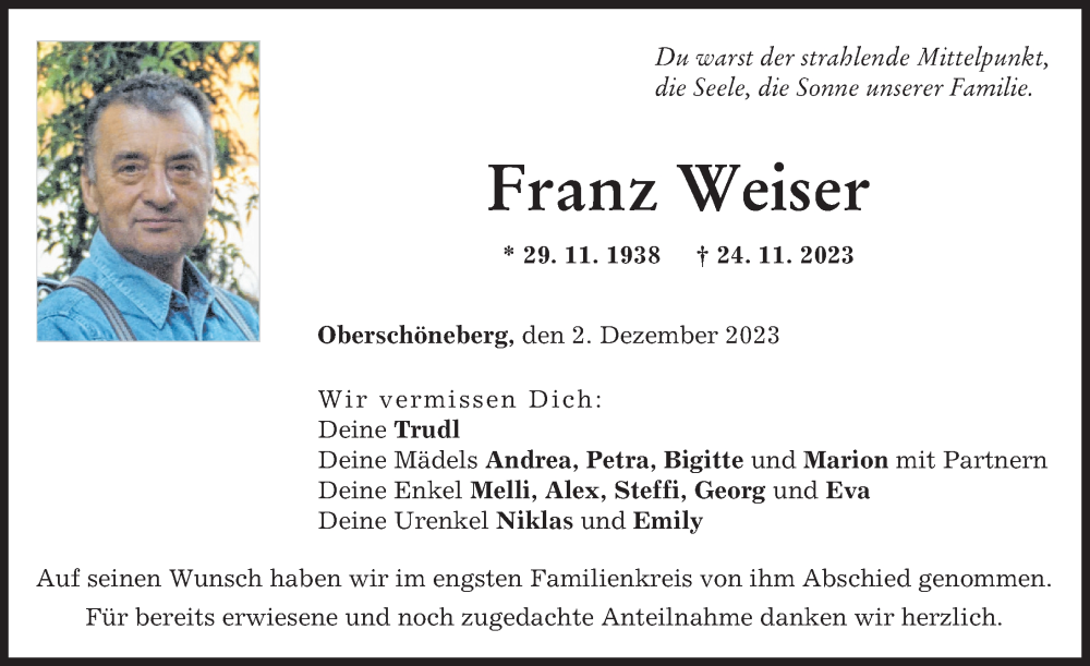  Traueranzeige für Franz Weiser vom 02.12.2023 aus Augsburg-Land