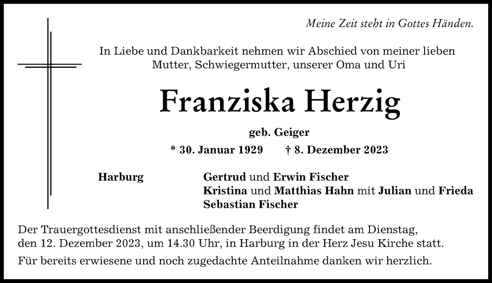 Traueranzeigen von Franziska Herzig | Augsburger Allgemeine Zeitung