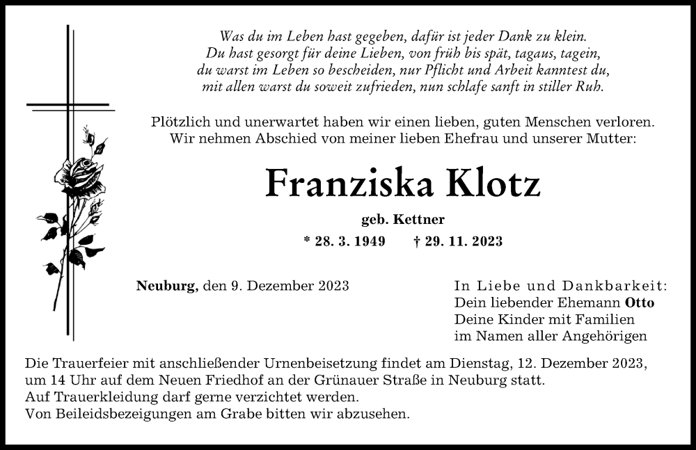  Traueranzeige für Franziska Klotz vom 09.12.2023 aus Neuburger Rundschau