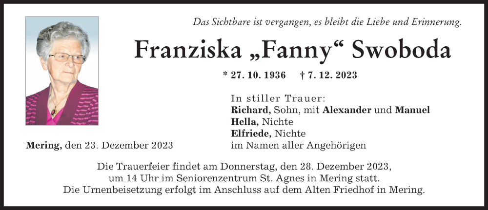 Traueranzeige von Franziska Swoboda von Friedberger Allgemeine