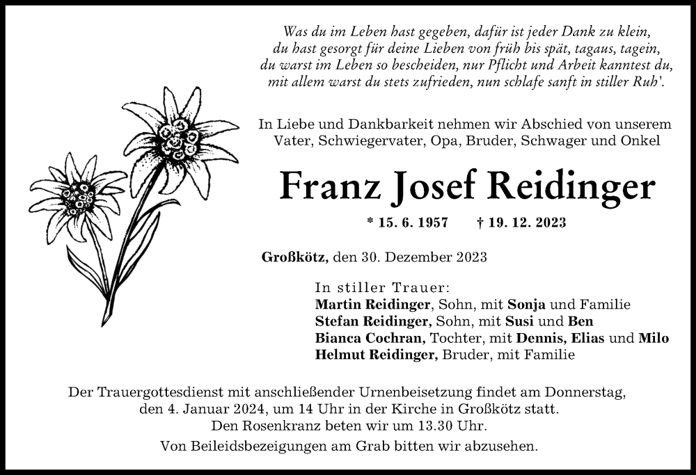 Traueranzeige von Franz Josef Reidinger von Günzburger Zeitung