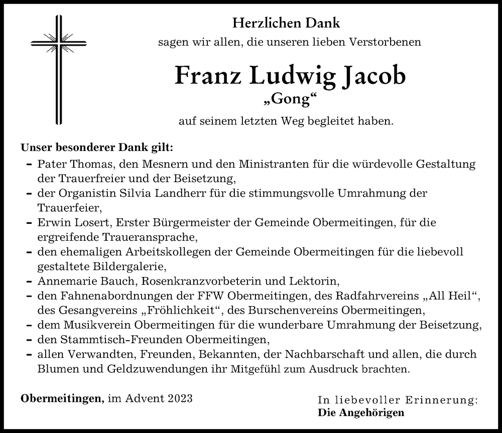 Traueranzeige von Franz Ludwig Jacob von Landsberger Tagblatt, Schwabmünchner Allgemeine