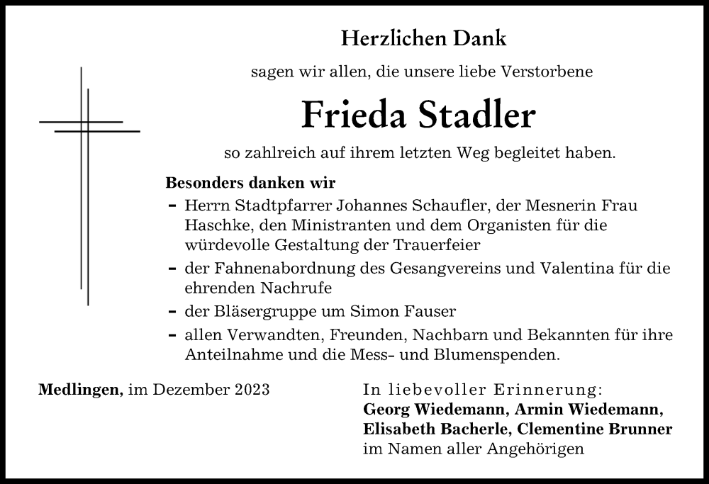  Traueranzeige für Frieda Stadler vom 08.12.2023 aus Donau Zeitung