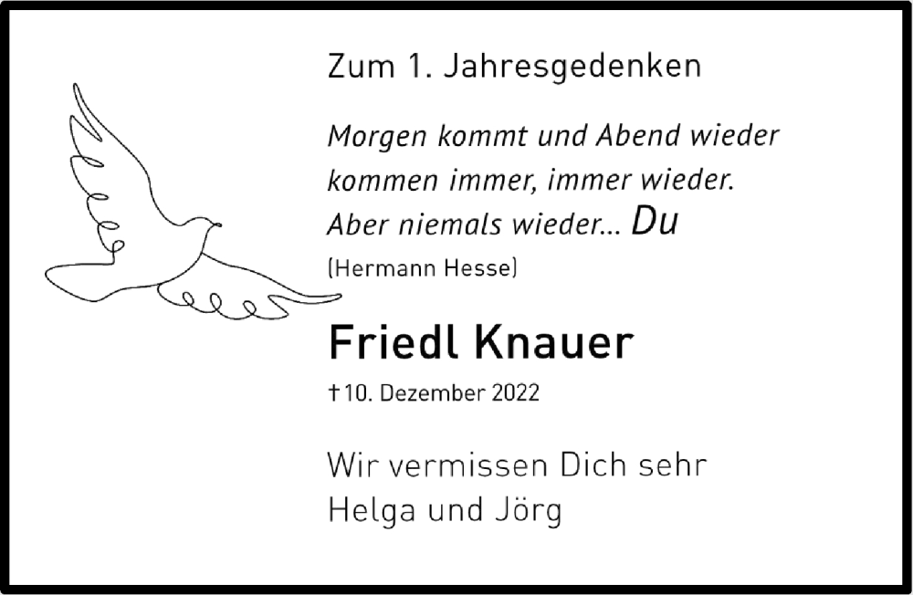  Traueranzeige für Friedl Knauer vom 09.12.2023 aus Donauwörther Zeitung