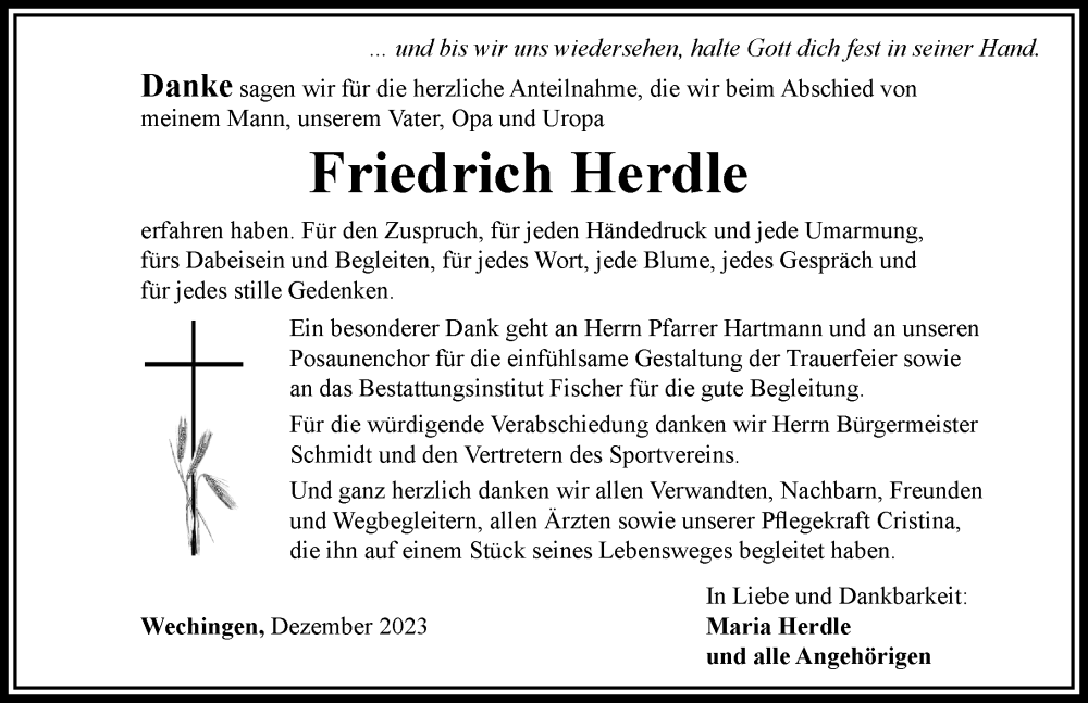 Traueranzeige für Friedrich Herdle vom 06.12.2023 aus Rieser Nachrichten